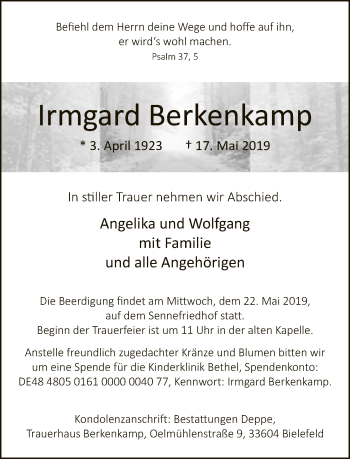 Traueranzeige von Irmgard Berkenkamp von Neue Westfälische