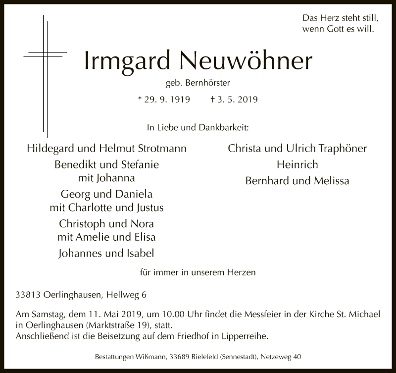  Traueranzeige für Irmgard Neuwöhner vom 08.05.2019 aus Neue Westfälische