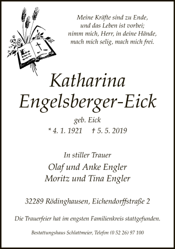 Traueranzeige von Katharina Engelsberger-Eick von Neue Westfälische