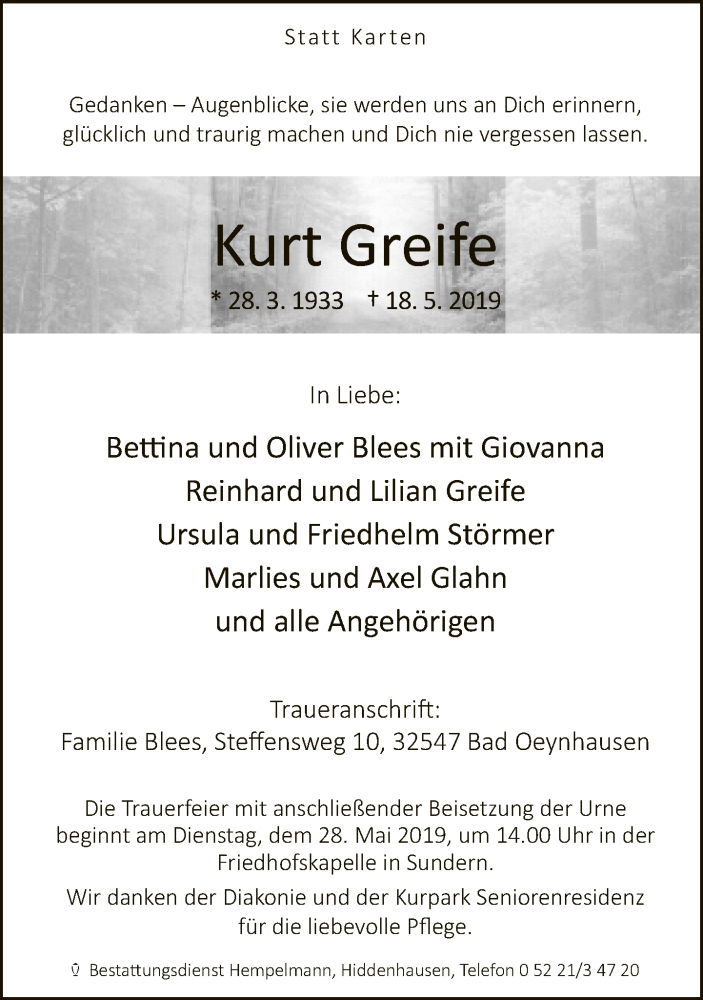  Traueranzeige für Kurt Greife vom 25.05.2019 aus Neue Westfälische