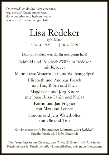 Traueranzeige von Lisa Redeker von Neue Westfälische