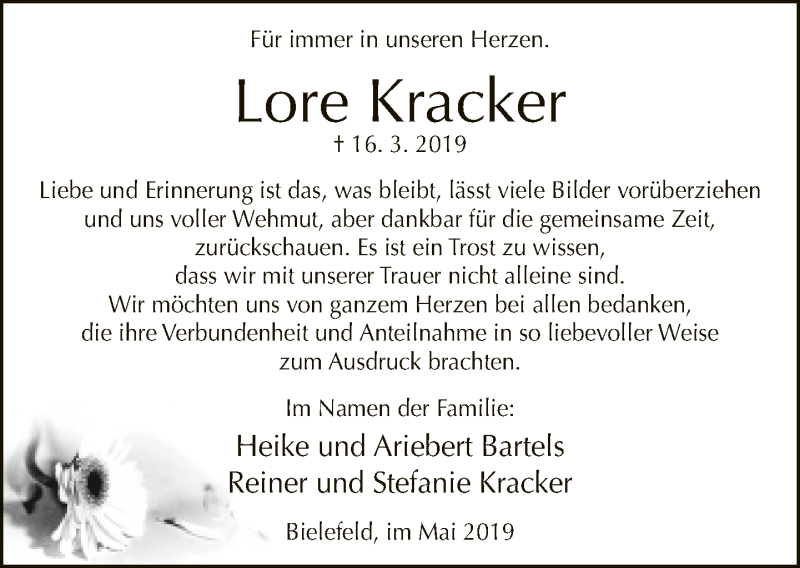  Traueranzeige für Lore Kracker vom 11.05.2019 aus Neue Westfälische