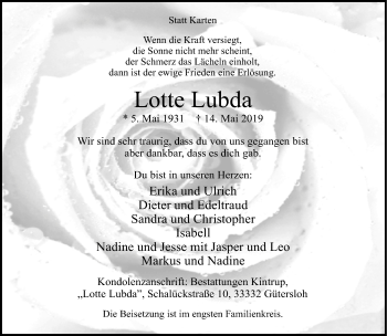 Traueranzeige von Lotte Lubda von Neue Westfälische