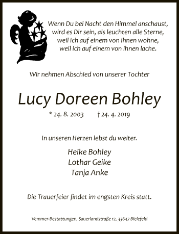 Traueranzeige von Lucy Doreen Bohley von Neue Westfälische
