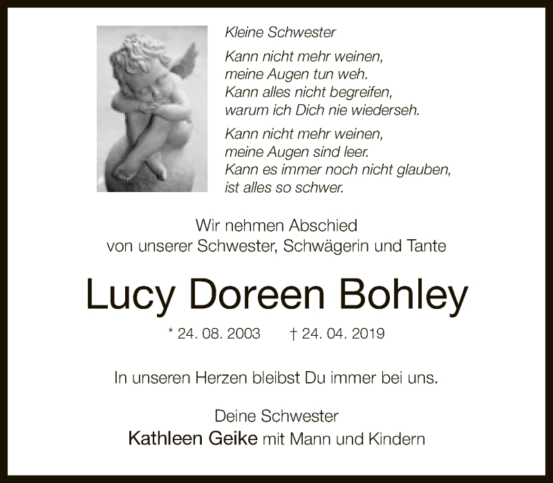  Traueranzeige für Lucy Doreen Bohley vom 17.05.2019 aus Neue Westfälische