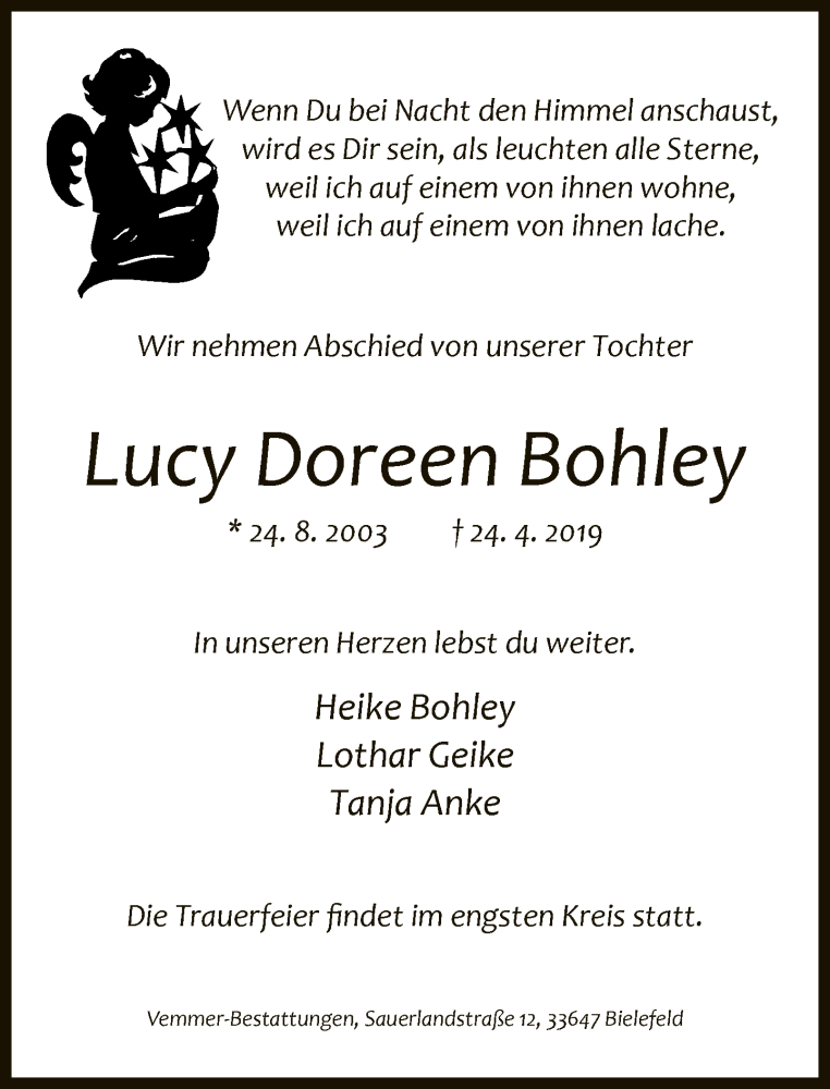 Traueranzeige für Lucy Doreen Bohley vom 04.05.2019 aus Neue Westfälische