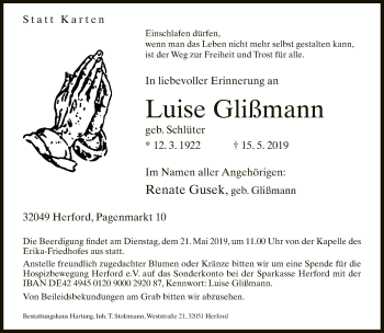 Traueranzeige von Luise Glißmann von Neue Westfälische