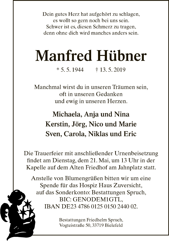  Traueranzeige für Manfred Hübner vom 18.05.2019 aus Neue Westfälische