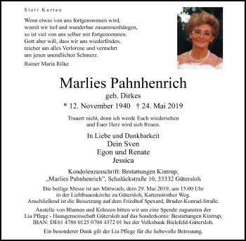 Traueranzeige von Marlies Pahnhenrich von Neue Westfälische