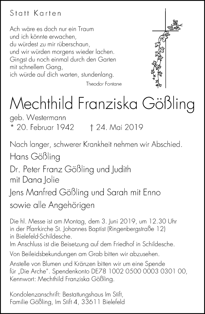  Traueranzeige für Mechthild Franziska Gößling vom 29.05.2019 aus Neue Westfälische