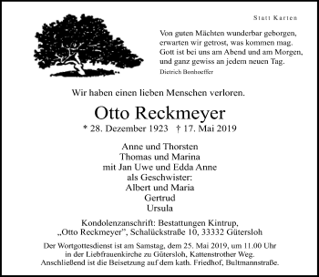 Traueranzeige von Otto Reckmeyer von Neue Westfälische