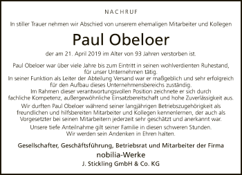 Traueranzeige von Paul Obeloer von Neue Westfälische