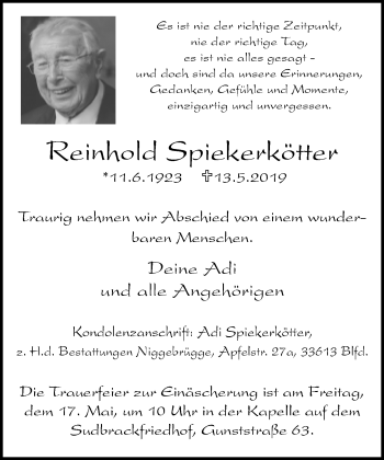 Traueranzeige von Reinhold Spiekerkötter von Neue Westfälische