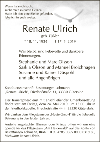 Traueranzeige von Renate Ulrich von Neue Westfälische