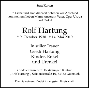 Traueranzeige von Rolf Hartung von Neue Westfälische