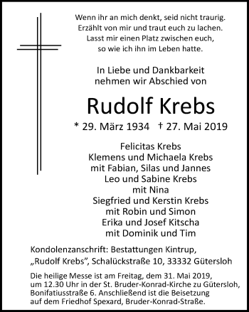Traueranzeige von Rudolf Krebs von Neue Westfälische