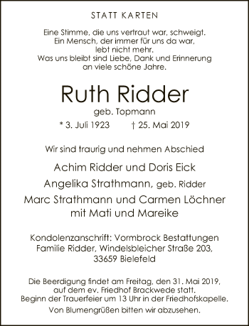 Traueranzeige von Ruth Ridder von Neue Westfälische