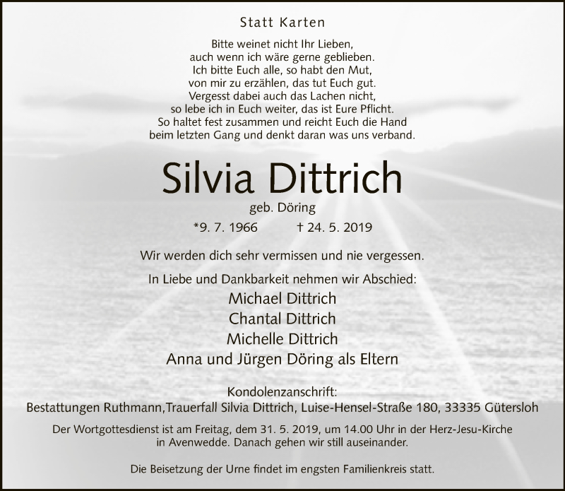  Traueranzeige für Silvia Dittrich vom 28.05.2019 aus Neue Westfälische