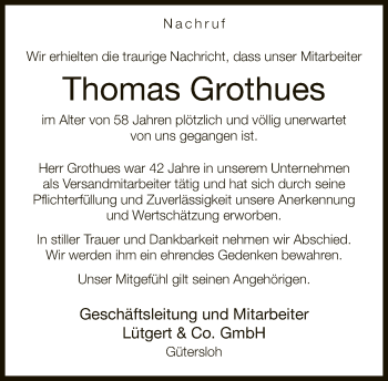Traueranzeige von Thomas Grothues von Neue Westfälische