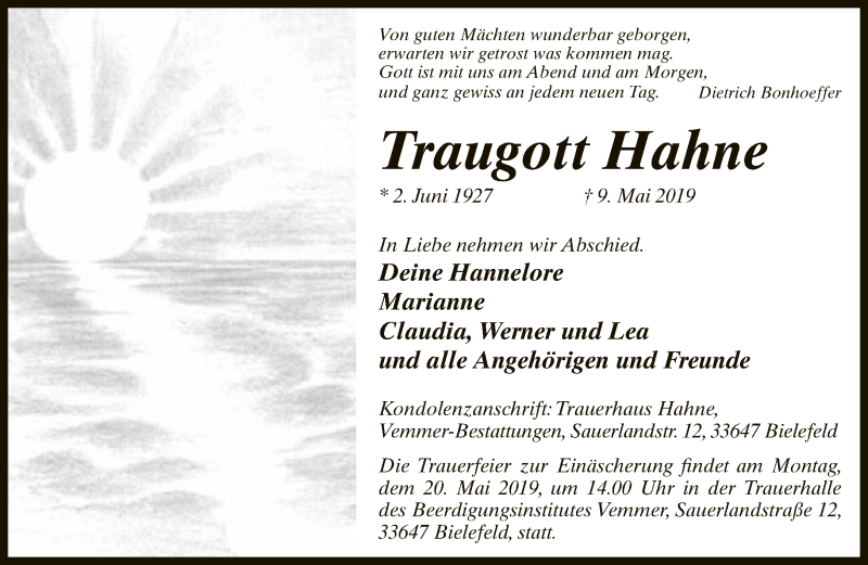  Traueranzeige für Traugott Hahne vom 11.05.2019 aus Neue Westfälische