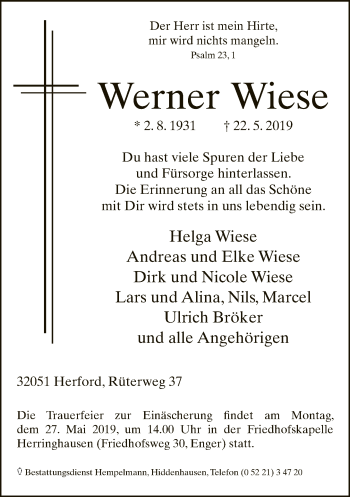 Traueranzeige von Werner Wiese von Neue Westfälische