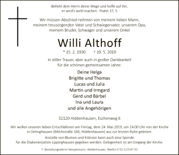 Traueranzeige von Willi Althoff von Neue Westfälische