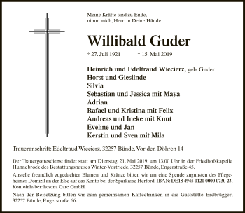 Traueranzeige von Willibald Guder von Neue Westfälische