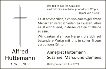 Traueranzeige von Alfred Hüttemann von Neue Westfälische