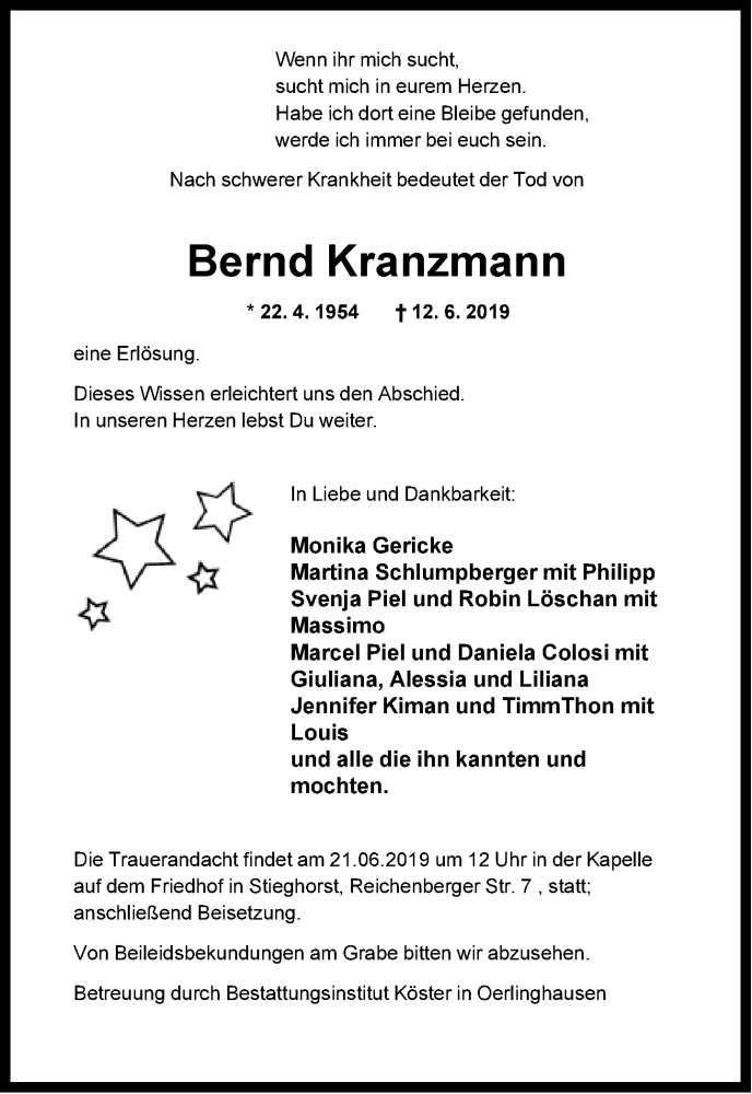  Traueranzeige für Bernd Kranzmann vom 18.06.2019 aus Neue Westfälische