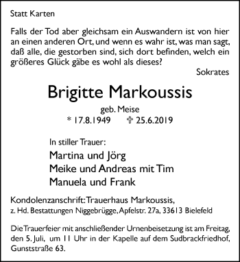 Traueranzeige von Brigitte Markoussis von Neue Westfälische