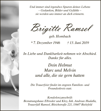 Traueranzeige von Brigitte Ramsel von Neue Westfälische