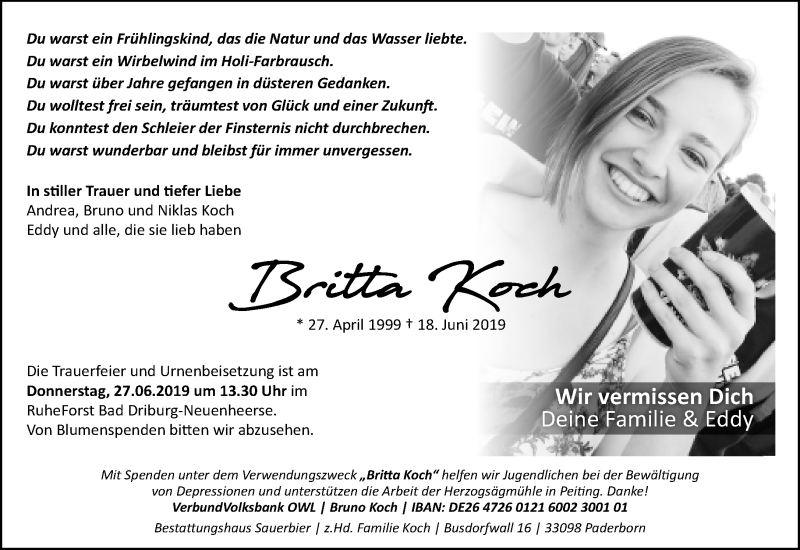  Traueranzeige für Britta Koch vom 22.06.2019 aus Neue Westfälische