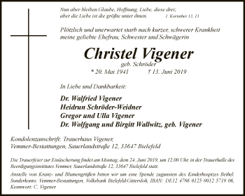 Traueranzeige von Christa Vigener von Neue Westfälische
