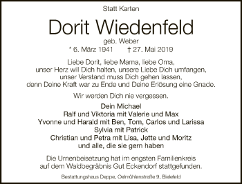Traueranzeige von Dorit Wiedenfeld von Neue Westfälische