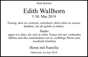 Traueranzeige von Edith Wallhorn von Neue Westfälische