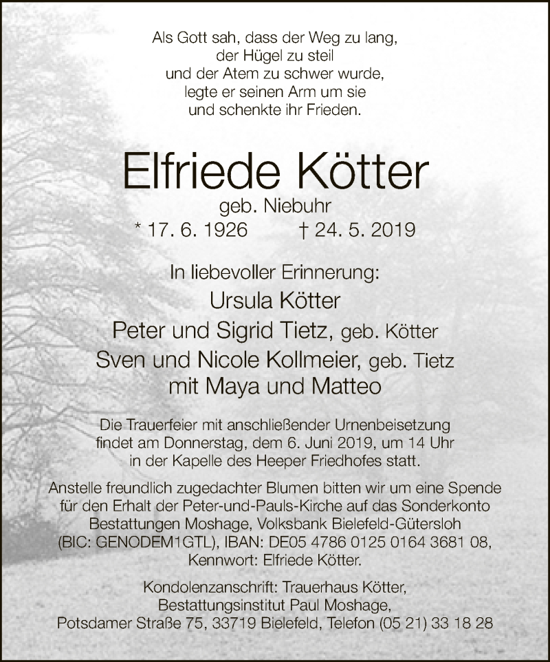  Traueranzeige für Elfriede Kötter vom 01.06.2019 aus Neue Westfälische