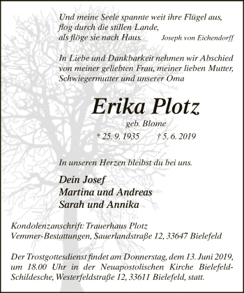 Traueranzeige von Erika Plotz von Neue Westfälische