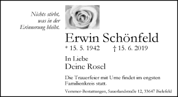 Traueranzeige von Erwin Schönfeld von Neue Westfälische
