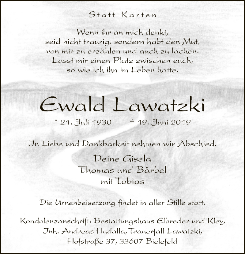  Traueranzeige für Ewald Lawedzki vom 29.06.2019 aus Neue Westfälische