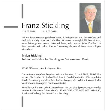 Traueranzeige von Franz Stickling von Neue Westfälische