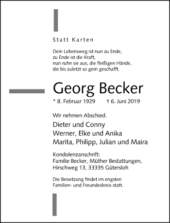 Traueranzeige von Georg Becker von Neue Westfälische