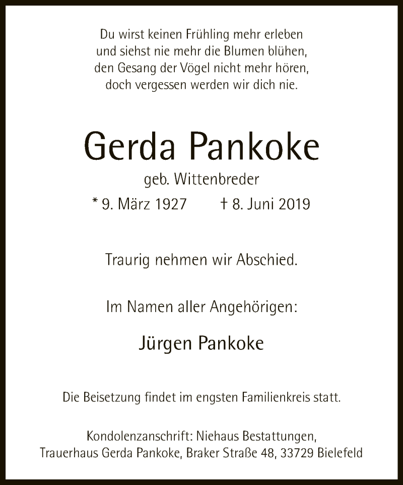  Traueranzeige für Gerda Pankoke vom 13.06.2019 aus Neue Westfälische