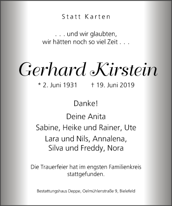 Traueranzeige von Gerhard Kirstein von Neue Westfälische