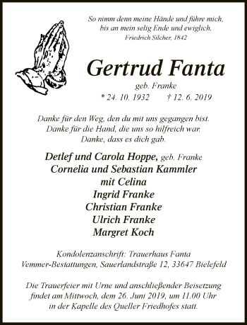 Traueranzeige von Gertrud Fanta von Neue Westfälische