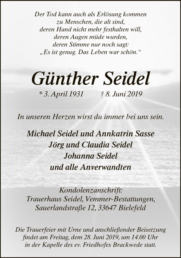  Traueranzeige für Günther Seidel vom 15.06.2019 aus Neue Westfälische