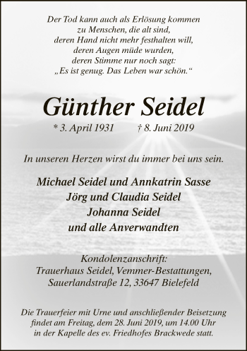 Traueranzeige von Günther Seidel von Neue Westfälische