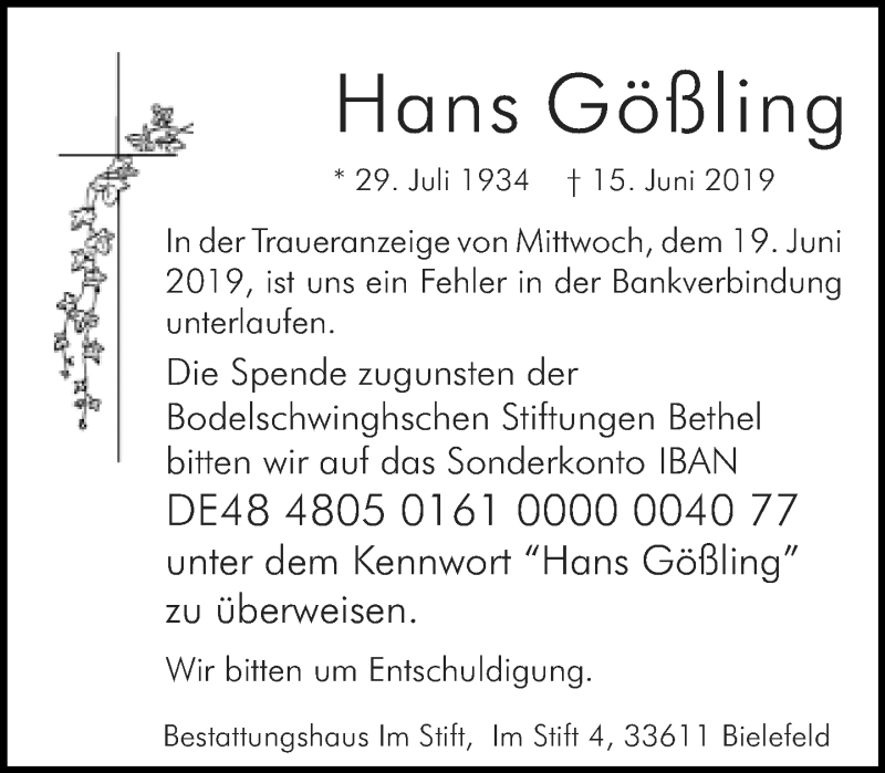  Traueranzeige für Hans Gößling vom 22.06.2019 aus Neue Westfälische