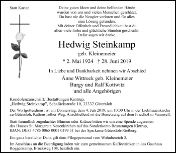 Traueranzeige von Hedwig Steinkamp von Neue Westfälische