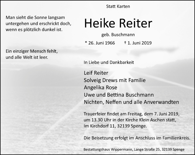  Traueranzeige für Heike Reiter vom 04.06.2019 aus Neue Westfälische