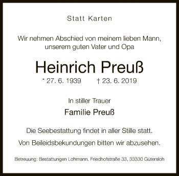 Traueranzeige von Heinrich Preuß von Neue Westfälische